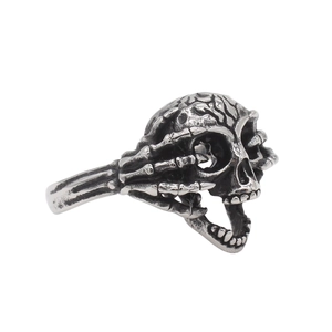 Gothic skull ring for men in antique silver finish with skeletal claw details