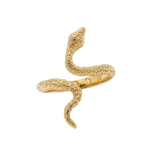 Detailed view of the golden snake ring showing realistic scale textures and metal finish