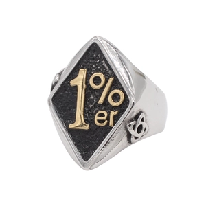 Retro stainless steel biker ring with gold 1%er logo and celtic knot carvings