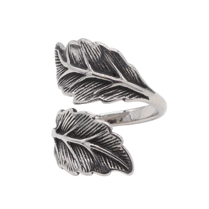 Vintage oxidized silver steel open ring with realistic leaf texture for men and women