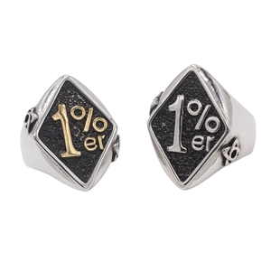 Retro stainless steel motorcycle rings with 1%er gold and silver embossed rhombus design