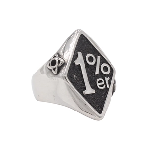Detail of vintage biker ring featuring 1% er diamond face and celtic knot side engraving