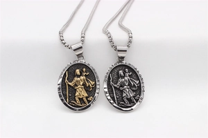 Detail of Saint Christopher oval pendants with embossed religious figures on steel chains