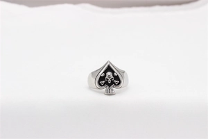 Detailed macro view of the silver spade skull and crossbones punk ring for men