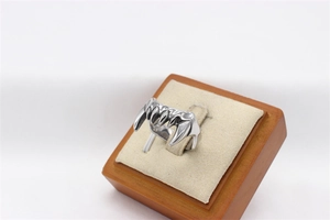 Détail macro d'une bague rétro en argent avec dents de monstre sur présentoir