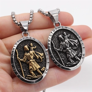 St. Christopher round medallion pendant necklace in silver and gold stainless steel