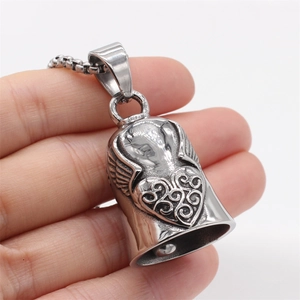 Vintage silver angel wing bell pendant necklace with relief details and lobster clasp