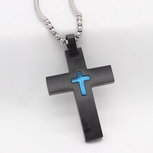 Collier croix vintage en acier inoxydable noir pour homme avec insert bleu et chaîne