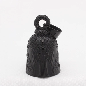 Vintage black matte angel wing bell pendant with intricate relief and biker charm style