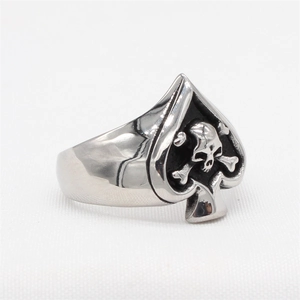 Retro punk style stainless steel spade ring featuring a skull and crossbones design