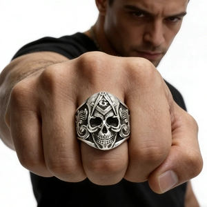 Vintage silver skull ring for men with Freemasonry symbol and intricate leaf patterns
