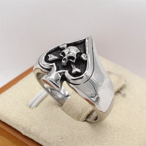 Vintage spade skull ring in punk style, crafted from retro silver stainless steel for men