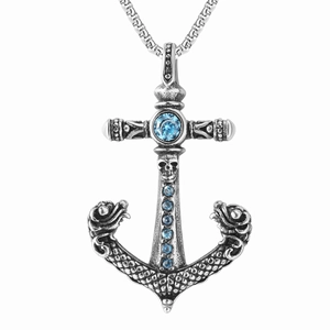 Vintage Anchor Skull Cross Pendant Necklace For Men Titanium Steel Blue Rhinestone Inlaid Gothic Punk Style Jewelry No Chain