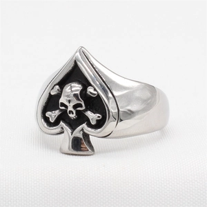 Retro stainless steel spade and skull ring for men with punk rock aesthetic design