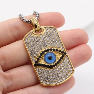 Hip-Hop-Halskette mit gold-silbernem rechteckigem Anhänger und funkelndem Evil Eye Motiv