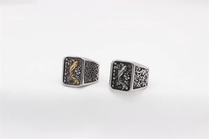 Detailed relief of vintage koi fish on retro men's stainless steel rings