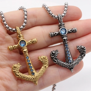 Retro anchor pendant necklace with cross and skull details in gold and silver finish