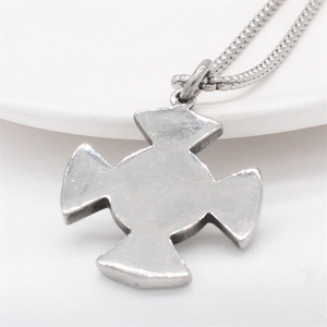 Retro Viking cross pendant necklace in matte silver finish with circular snake chain
