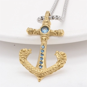 Vintage gold anchor cross necklace with blue zircon and silver stainless steel chain