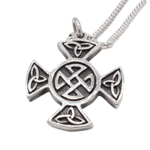 Vintage Viking Celtic cross pendant necklace in distressed stainless steel for men