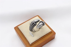 Macro detail of vintage silver dragon claw ring showing intricate scale textures on stainless steel