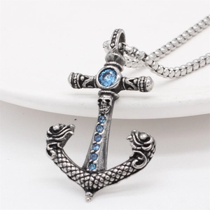 Vintage anchor cross pendant necklace with blue crystals on polished steel ball chain