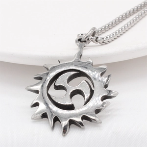 Vintage stainless steel sun pendant necklace with Mitsudomoe symbol on a ball chain