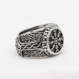 Vintage Viking compass signet ring in retro stainless steel with Nordic rune details