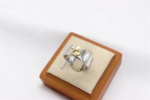 Detailed close-up of a vintage silver steel ring with a central gold skull emblem