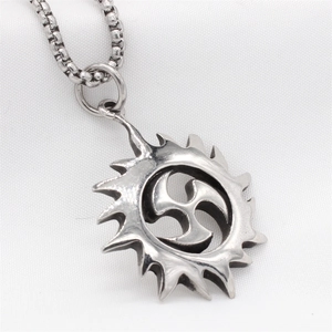 Retro stainless steel sun pendant necklace with triskelion symbol on box chain