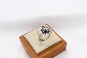 Macro detail of retro silver turtle ring showing intricate shell texture on steel