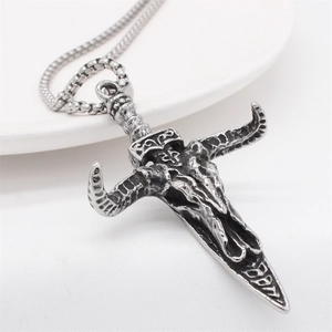 Retro bull skull and dagger pendant necklace in vintage stainless steel for men