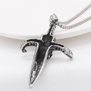 Vintage gothic ram horn cross pendant in antique silver steel on a ball chain necklace