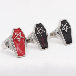 Gothic Coffin Pentagram Ring Stainless Steel Retro Punk Men Ring Jewelry For Party Gift Black Red Enamel Ring