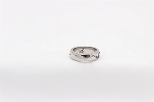 Detailed macro shot of silver ring with polished finish and black engraved symbols