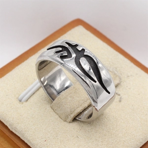 Retro gothic tribal pattern ring in polished silver titanium steel for men and women