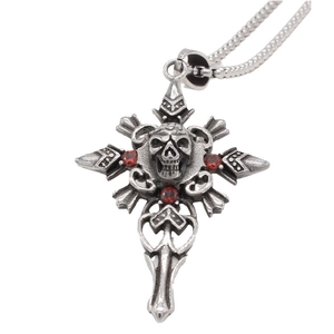 Pendentif croix tête de mort gothique en acier vintage avec pierres rouges et chaîne