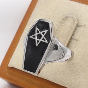 Gothic men's ring with black coffin-shaped enamel and silver pentagram star detail
