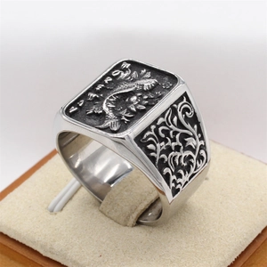 Retro stainless steel koi fish signet ring for men with vintage dragon relief pattern