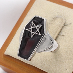 Retro stainless steel ring with coffin shape and pentagram star design in gothic style