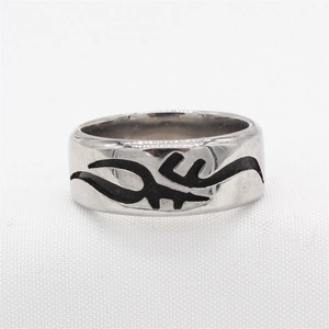 Vintage gothic totem ring for men in polished stainless steel with black tribal patterns