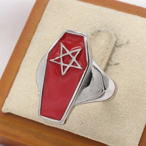 Retro pentagram star coffin ring in gothic stainless steel for men with red enamel finish