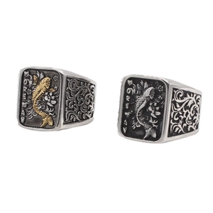 Retro koi carp signet ring for men in antique silver and gold stainless steel finish