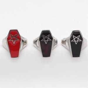 Gothic pentagram coffin rings in red and black enamel finish for men, set of three