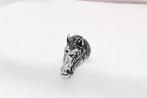 Detailed view of the intricate mane and vintage engraving on the stainless steel horse ring