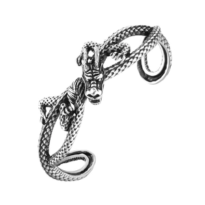 Vintage Titanium Steel Dragon Cuff Bracelet For Men Retro Chinese Style Dragon Scale Pattern Oxidized Silver Punk Jewelry