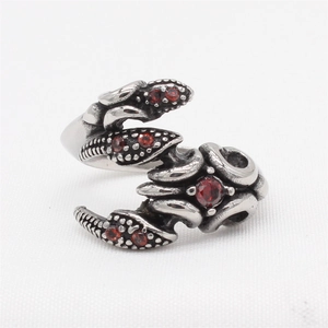 Vintage gothic scorpion claw steel ring for men with brilliant red crystal inlays