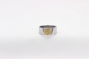 Macro shot of two-tone stainless steel ring with Masonic Eye of Providence emblem