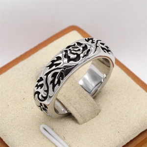 Vintage rose flower engraved stainless steel ring for men with oxidized silver finish