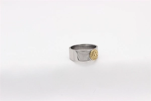 Detailed view of vintage Freemason Eye of Providence symbol on two-tone titanium steel ring